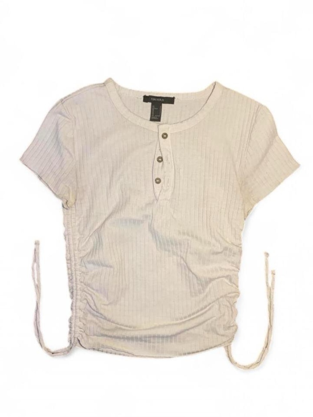 Forever 21 White Ribbed Henley Crop Top with Side Drawstrings